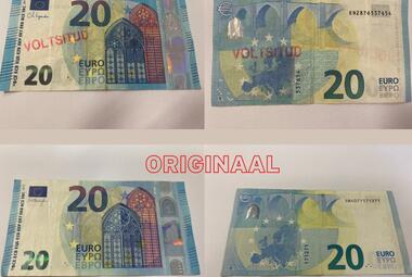 Фальшивые евро (сверху) и оригинал